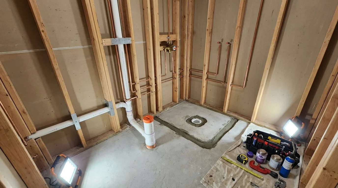 Bathroom rough-in plumbing during remodel by Johns Plumbing LLC in Upper Marlboro