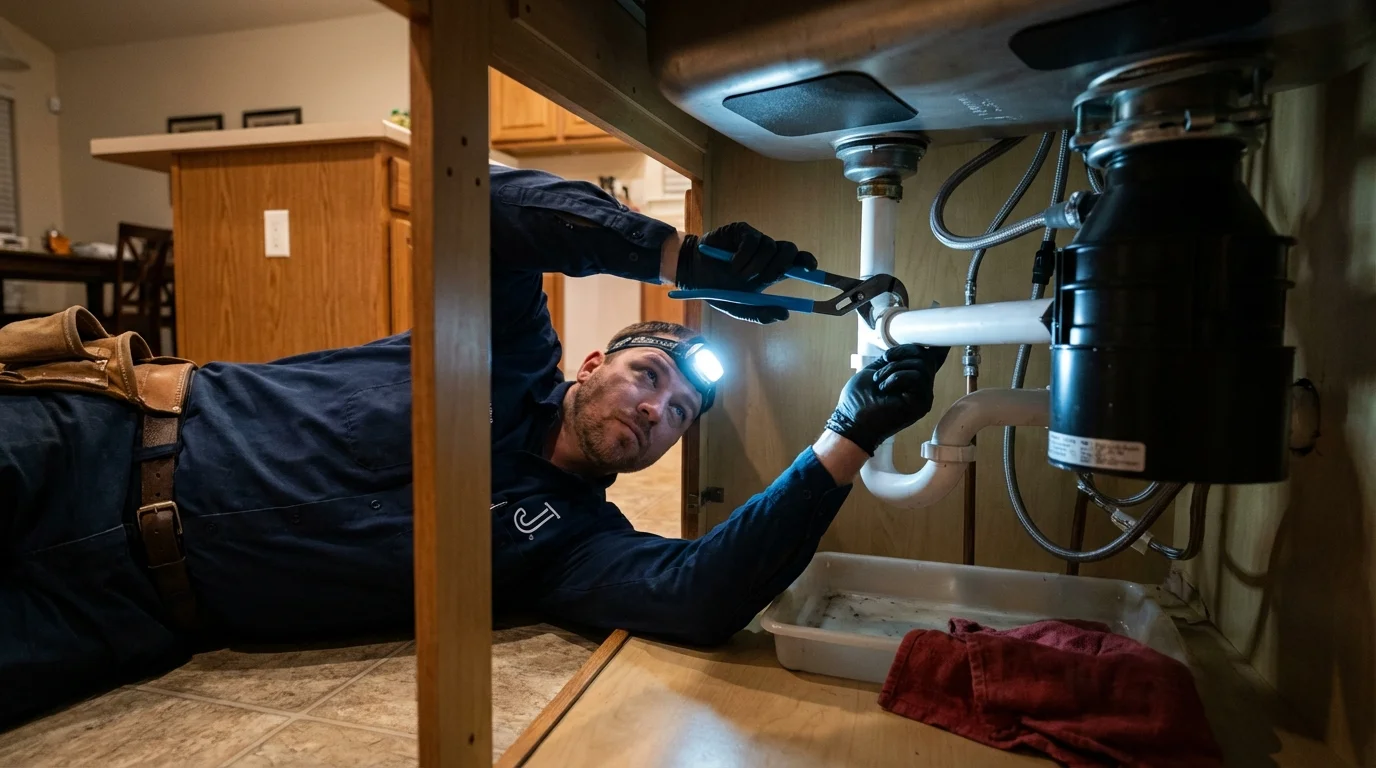 P-trap and supply line connections under a kitchen sink showing a common leak point in Upper Marlboro, MD